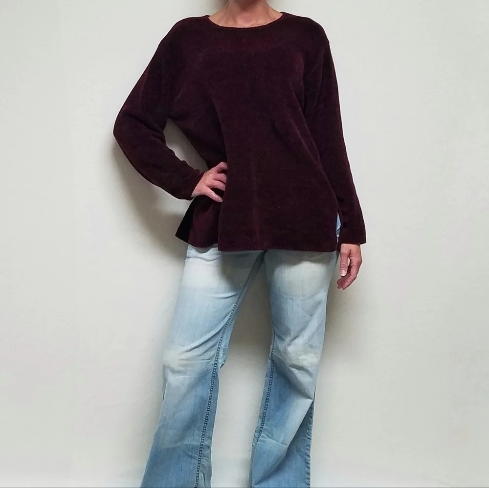 Vintage 90s Carolina Colours Deep Red Chenille Knit Long Sleeve Crewneck Sweater